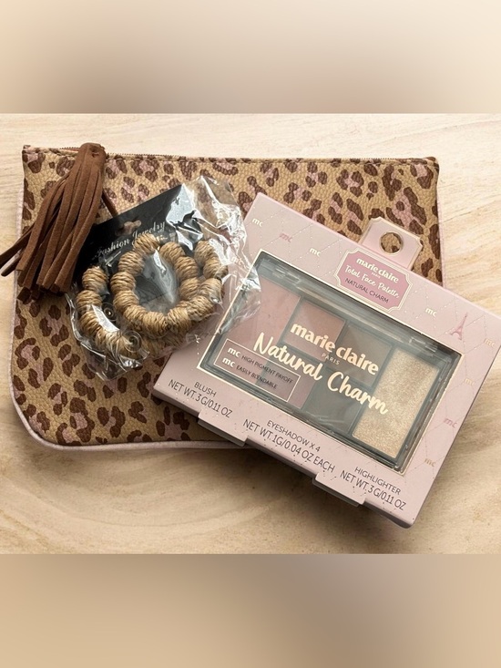 Fashion Jewelry Other - Beauty Bundle w/ Raffia Earrings Eyeshadow Blush Palette & Animal Print Clutch